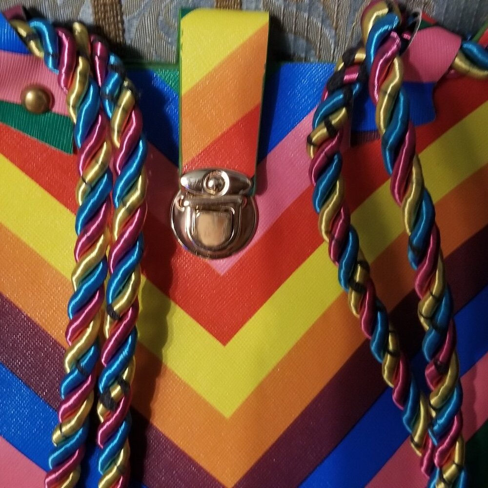 Rainbow Colorful Chevron Tote Purse Bag With Rope Handle - Picture 2 of 4